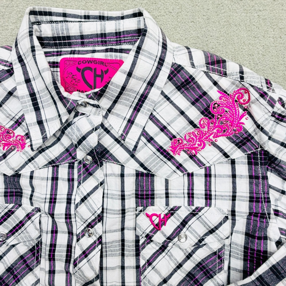 Cowgirl Hardware Western Shirt Girls Large White w/ Black Plaid Rhinestone Snaps